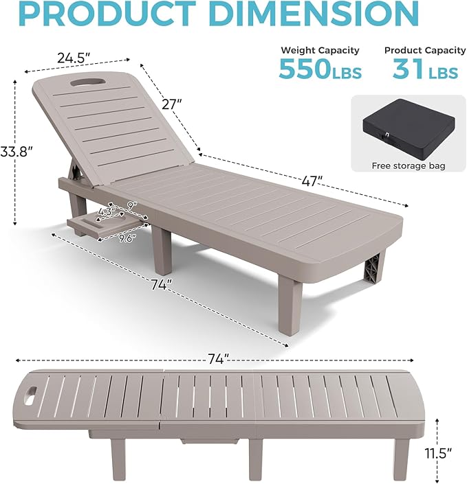 Outdoor Chaise Lounge, 5-Position Adjustable Sun Lounge w/Pull-Out Tray, Waterproof PP Lounge Chairs for Outside, Lounge Chairs for Poolside, Patio, Beach, Yard in All Weather,1 PC,Grey