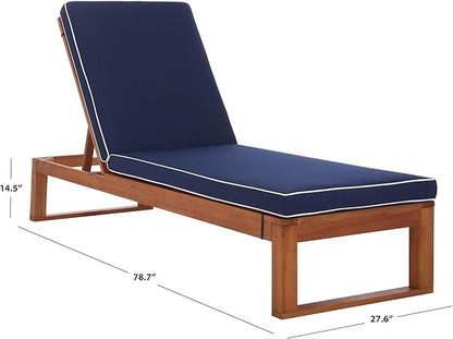SAFAVIEH Outdoor Patio Furniture Collection - Sophie Natural Solid Wood Lounger with Navy Cushion & White Piping, Adjustable Backrest, Chaise Lounge Chair (PAT7101B)