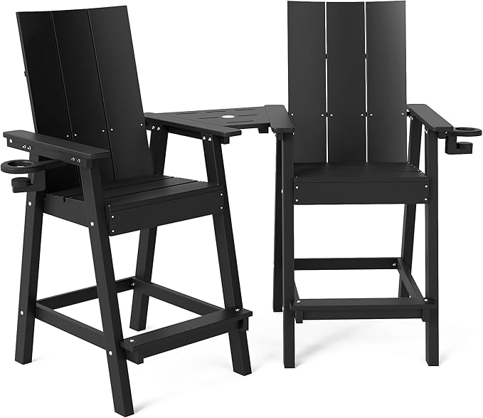 Tall Adirondack Chair Set of 2, HDPE Balcony Chairs with Connecting Tray, Two Cup Holders, All-Weather Adirondack Bar Stools for Patio, Balcony, Backyard, Poolside, Black