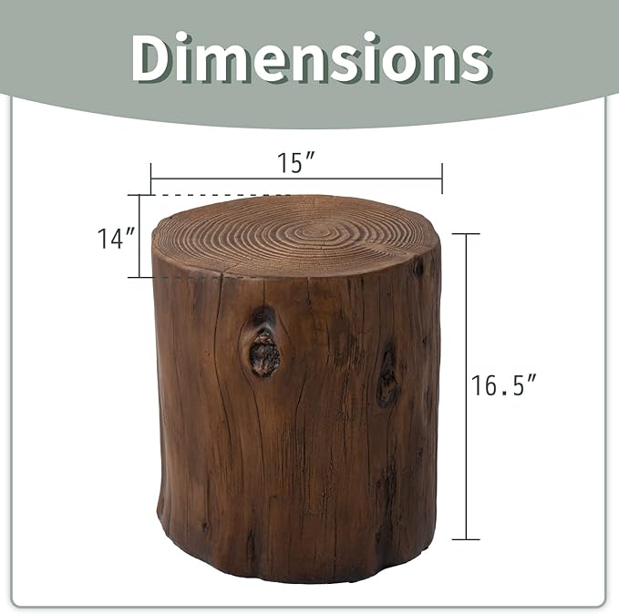 SUNBURY Outdoor Side Table Set of 2, Tree Stump Side Table Brown Colored Faux Wood, Wood Stump Stool - Photo 3