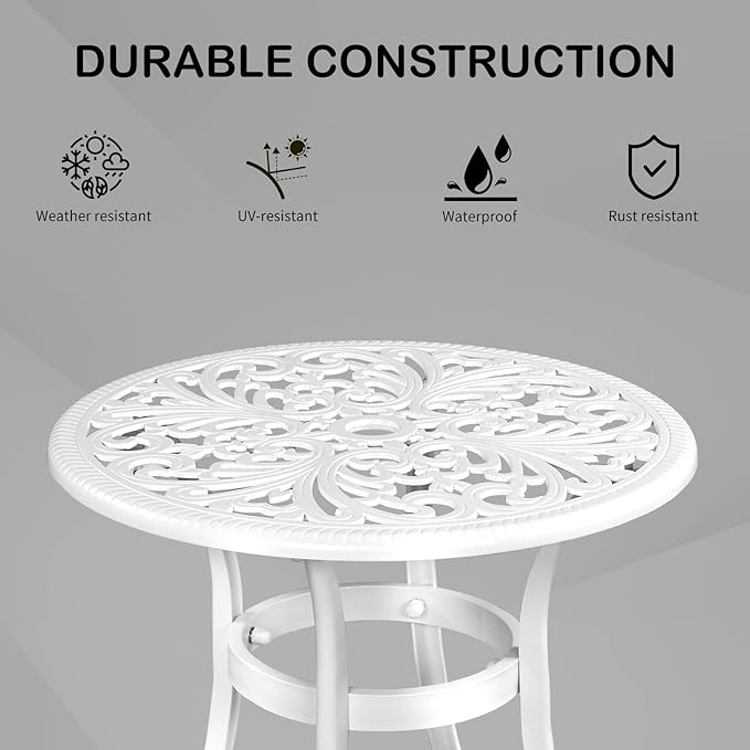 Bonnlo 23.6 Inch Cast Aluminum Outdoor Side Table with Umbrella Hole, Anti-Rust Coffee Bistro Table for Outdoor, Patio, Garden, Porch, Balcony End Table (Round, White)
