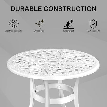 Bonnlo 23.6 Inch Cast Aluminum Outdoor Side Table with Umbrella Hole, Anti-Rust Coffee Bistro Table for Outdoor, Patio, Garden, Porch, Balcony End Table (Round, White)
