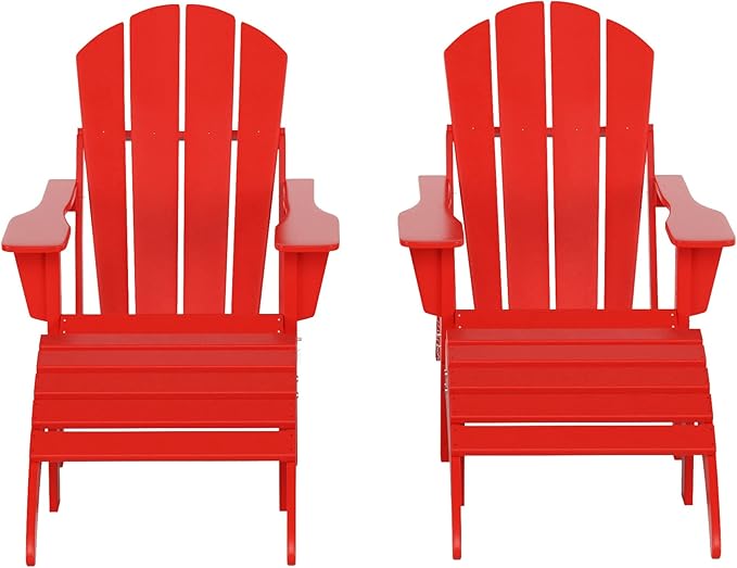 WestinTrends Malibu Outdoor Lounge Chair Set, 4-Pieces Adirondack Chair Set of 2 with Ottoman, All Weather Poly Lumber Patio Lawn Folding Chair for Outside Pool Beach, Red
