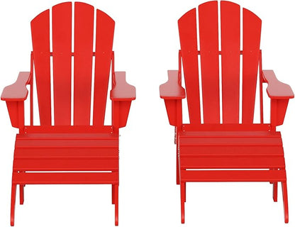 WestinTrends Malibu Outdoor Lounge Chair Set, 4-Pieces Adirondack Chair Set of 2 with Ottoman, All Weather Poly Lumber Patio Lawn Folding Chair for Outside Pool Beach, Red