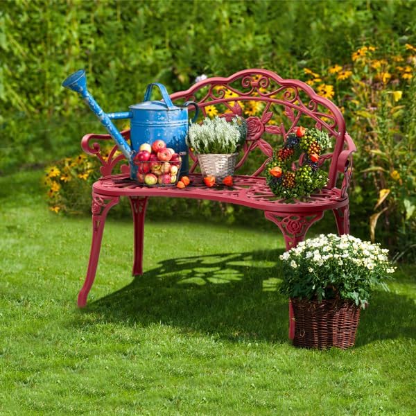 Red Patio Outdoor Park Loveseat Floral Bench for Garden Porch Deck Lawn Porch Path Yard Decor Made Cast Iron Anti-Rust Aluminum Metal, 2-3 Seater (Red Rose)
