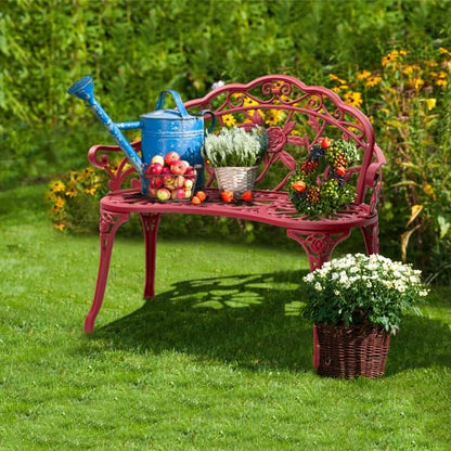 Red Patio Outdoor Park Loveseat Floral Bench for Garden Porch Deck Lawn Porch Path Yard Decor Made Cast Iron Anti-Rust Aluminum Metal, 2-3 Seater (Red Rose)