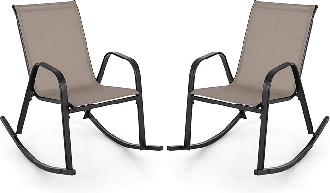 Giantex Outdoor Rocking Chairs Set of 2, Patio Rocking Chairs w/Breathable Seat & Back, Heavy-Duty Metal Support, Ergonomic Outside Rocker for Backyard, Poolside, Garden (1, Brown)