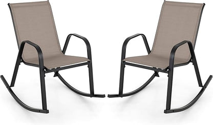 Giantex Outdoor Rocking Chairs Set of 2, Patio Rocking Chairs w/Breathable Seat & Back, Heavy-Duty Metal Support, Ergonomic Outside Rocker for Backyard, Poolside, Garden (1, Brown)