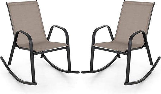 Giantex Outdoor Rocking Chairs Set of 2, Patio Rocking Chairs w/Breathable Seat & Back, Heavy-Duty Metal Support, Ergonomic Outside Rocker for Backyard, Poolside, Garden (1, Brown)