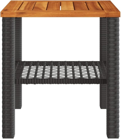Square Garden Side Table, Small Outdoor Patio Table with Poly Rattan and Solid Acacia Wood, Weather-Resistant Coffee Table for Balcony, Terrace, and Backyard, Black