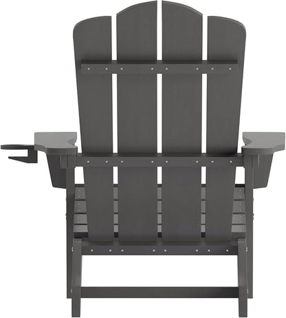Flash Furniture Newport Adirondack Chairs with Cup Holders, Weather Resistant Poly Resin Adirondack Chairs, Set of 4, Gray