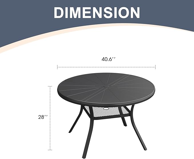 VICLLAX Round Patio Dining Table, 4 Person Aluminum Outdoor Dining Table with Umbrella Hole and Storage Shelf for Garden Lawn Deck, 40.6" Black