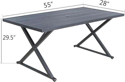 Ulax furniture Rectangle Outdoor Patio Dining Table - 55 x 28 Inches Steel Frame Table with Umbrella Hole for Garden, Lawn, Deck