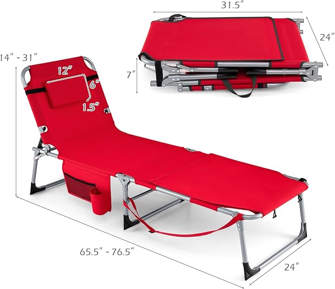 GYMAX Tanning Chair, 330LBS Beach Lounge Chair with Face Arm Hole & Hand Shoulder Strap, Folding Layout Sunbathing Chair, Face Down Outdoor Chaise Lounger for Patio, Poolside, Lawn, Backyard (1, Red)