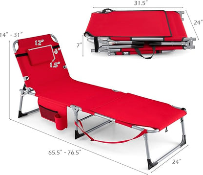 GYMAX Tanning Chair, 330LBS Beach Lounge Chair with Face Arm Hole & Hand Shoulder Strap, Folding Layout Sunbathing Chair, Face Down Outdoor Chaise Lounger for Patio, Poolside, Lawn, Backyard (1, Red)