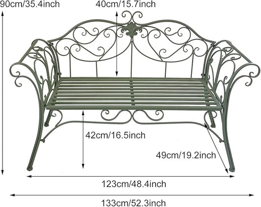 Retro Metal Garden Bench, 2-Seater Loveseat with Curved Backrest & Armrests, Outdoor Patio Chair for Yard, Park, Porch, Backyard - Max Weight 250kg (Red)