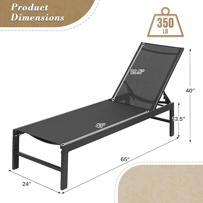 Athena Collection Outdoor Chaise Lounge Set of 2, Pool Lounge Chairs with Aluminum Frame and 6-Position Adjustable Backrest, Sun Lounger for Garden Outdoor Patio Poolside, Black