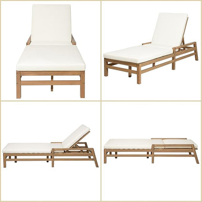 Merax Patio Chaise Lounge Chair, Adjustable Lounge Chair Outdoor with 5 Positions, 27.9" W Acacia Wood Patio Lounge Chair with Thick Cushions for Pool Deck Balcony Garden, All-Weather, Light Teak