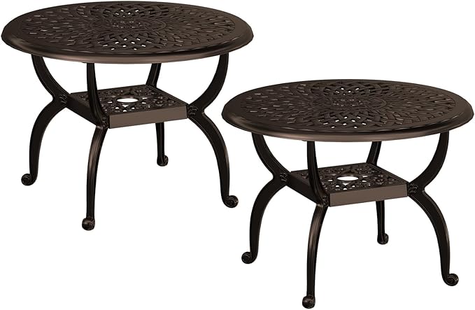 Round Outdoor Coffee Table Set of 2, Cast Aluminum Side Table with Storage,Indoor End Table, All-Weather Bistro Table for Patio Garden Lawn, Bronze