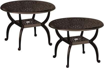 Round Outdoor Coffee Table Set of 2, Cast Aluminum Side Table with Storage,Indoor End Table, All-Weather Bistro Table for Patio Garden Lawn, Bronze