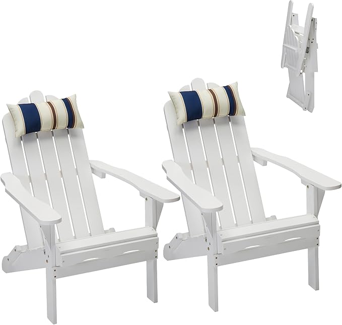 DJL Folding Adirondack Chairs Set of 2 Outdoor Wood Fire Pit Chair with Cushion for Lawn & Lawn, White