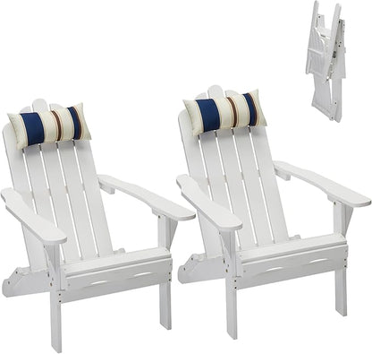 DJL Folding Adirondack Chairs Set of 2 Outdoor Wood Fire Pit Chair with Cushion for Lawn & Lawn, White