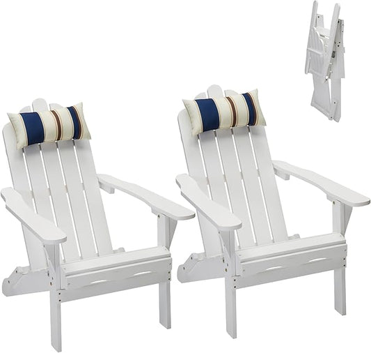 DJL Folding Adirondack Chairs Set of 2 Outdoor Wood Fire Pit Chair with Cushion for Lawn & Lawn, White