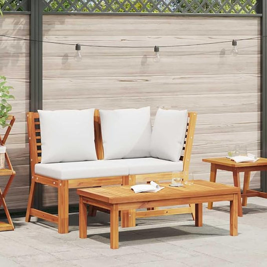 3-Piece Outdoor Garden Lounge Set, Solid Acacia Wood Patio Furniture with Cream Cushions, Vintage Style Wooden Sofa and Coffee Table for Backyard, Balcony and Terrace