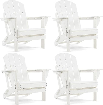 Folding Adirondack Chair, HDPE Outdoor Texture Lawn Chair with Reclining Back, Cup and Phone Holder - Comfortable Firepit Chair Weather Resistant for Patio or Backyard (White, Set of 4)