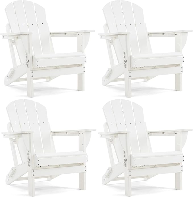 Folding Outdoor Adirondack Chairs Set of 4 with High&Reclining Back-HDPE Weather Resistant Patio Chairs with Cup and Phone Holder for Patio,Fire Pit, Garden and Backyard