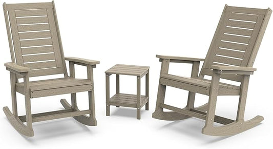 GREENVINES Outdoor Rocking Chair Set | 3-Piece | Desert Brown Wood Grain | 2 Rocking Chairs with 1 Side Table | Porch Rocker | HDPE Plastic | Patio Furniture Sets