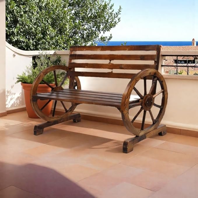Wooden Bench Outdoor, 42 Inch 2-Person Rustic Farmhouse Style Wood Porch Garden Park Bench with Wagon Wheel Design, Heavy Duty Patio Bench for Yard Decor, 350 lbs Capacity, Fir Wood