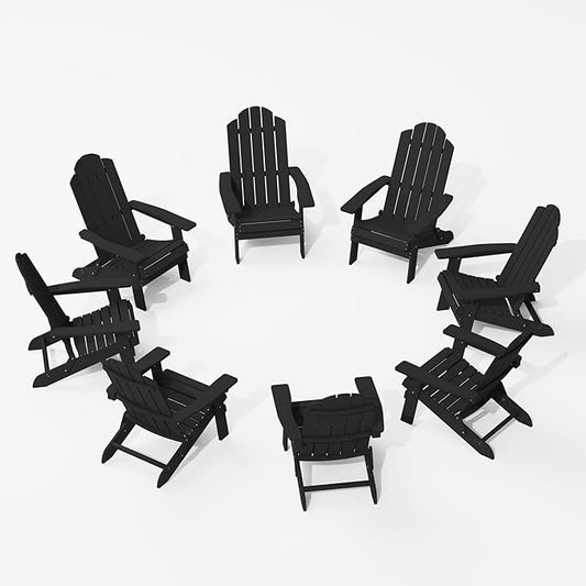 MXIMU Folding Adirondack Chair Set of 8 Weather Resistant Fire Pit Chairs Easy Assemble HIPS Plastic Outdoor Modern Adirondack Chairs for Patio, Lawn, Garden, Backyard, Deck(Black)