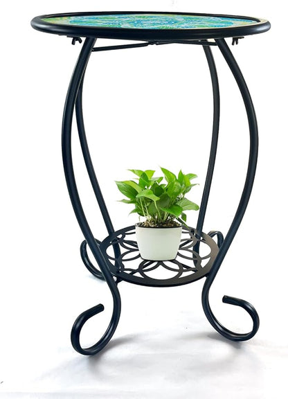 LIFFY Mosaic Outdoor Side Table, 14" Round Flower Patio Side Table with Storage Shelf, Small Bistro Coffee Table for Garden Yard Porch Living Room