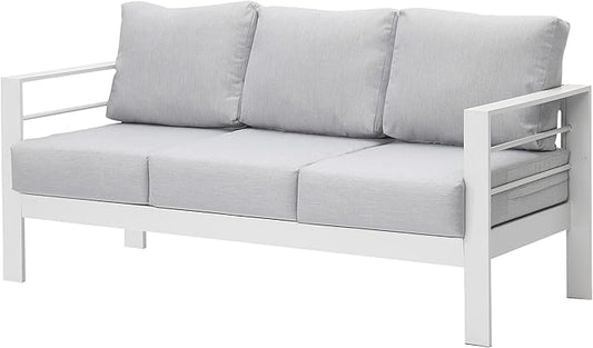 Wisteria Lane Patio Furniture Aluminum Sofa, All-Weather Outdoor 3 Seats Couch, White Metal Chair with Light Grey Cushions
