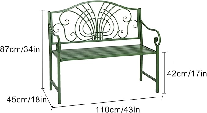 Outdoor 2 Person Metal Garden Bench, Patio Bench with Armrests and Floral Backrest, Suitable for Garden Porch Park Front Porch Balcony