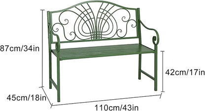 Outdoor 2 Person Metal Garden Bench, Patio Bench with Armrests and Floral Backrest, Suitable for Garden Porch Park Front Porch Balcony