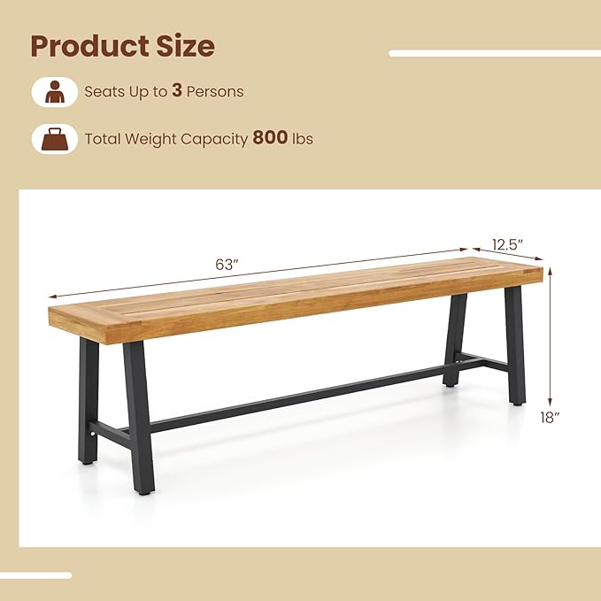 HAPPYGRILL Outdoor Acacia Wood Bench Set of 2, 63"/160 CM Long Patio Garden Dining Bench Seats up to 3 Persons, Porch Bench for Outdoors Garden, Porch, Yard, 800 LBS/360 KG Weight Capacity