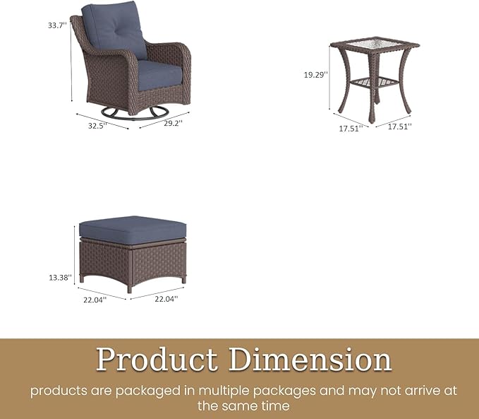 5 Piece Patio Furniture Set, All-Weather Wicker Outdoor Conversation Set with Swivel Rocking Chair and 6 Inch Thick Cushions