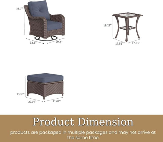 5 Piece Patio Furniture Set, All-Weather Wicker Outdoor Conversation Set with Swivel Rocking Chair and 6 Inch Thick Cushions