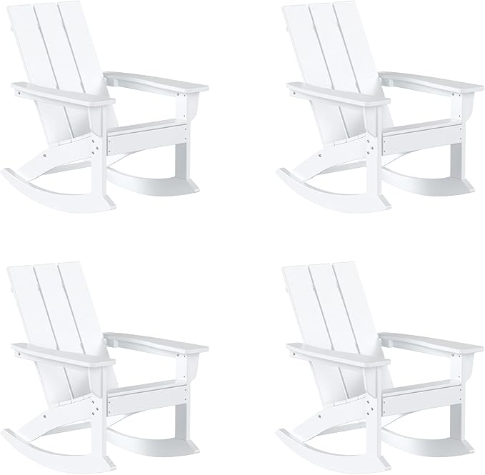WestinTrends Ashore Patio Rocking Chairs Set of 4, All Weather Poly Lumber Plank Adirondack Rocker Chair, Modern Farmhouse White Rocking Chairs for Porch Garden Backyard and Indoor