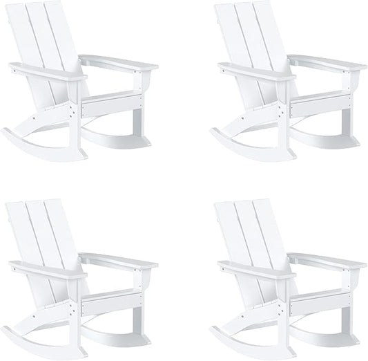 WestinTrends Ashore Patio Rocking Chairs Set of 4, All Weather Poly Lumber Plank Adirondack Rocker Chair, Modern Farmhouse White Rocking Chairs for Porch Garden Backyard and Indoor