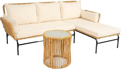 Quarte 3 Pieces Outdoor Patio Wicker Furniture Sets,L-Shaped Seating Group Conversation Sofa Sets with Table for Porch Lawn Garden Backyard Poolside