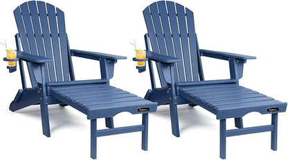 FUNBERRY Adjustable Folding Adirondack Chairs Set of 2 with Retractable Ottoman, All Weather Fire Pit Chairs with Cup Holder