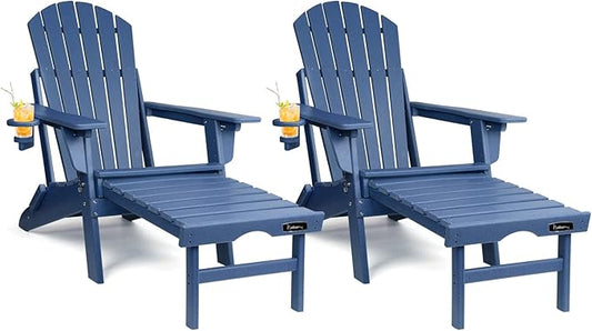 FUNBERRY Adjustable Folding Adirondack Chairs Set of 2 with Retractable Ottoman, All Weather Fire Pit Chairs with Cup Holder