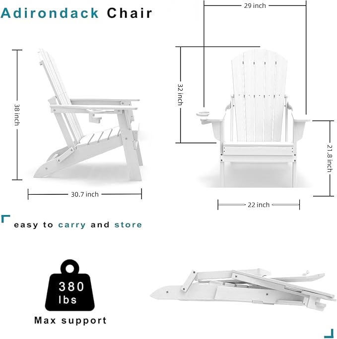 Folding Adirondack Chair, HDPE Outdoor Patio Chair with Cup Holder, All Weather Plastic Lawn Chair with Wide Armrests, Portable Patio Chair for Backyard Deck Garden Fire Pit Poolside, White