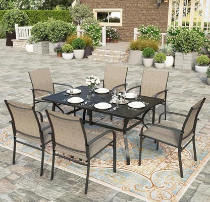 HERA'S HOUSE Patio Dining Table, 60" x 38" Rectangular Large Surface 6 Person Steel Frame Outdoor Dining Table with Umbrella Hole for Lawn Garden Backyard