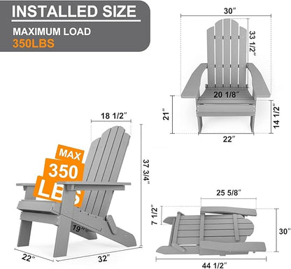 MXIMU Folding Adirondack Chair Set of 4 Weather Resistant Fire Pit Chairs Easy Assemble HIPS Plastic Outdoor Modern Adirondack Chairs for Patio, Lawn, Garden, Backyard, Deck(Grey)