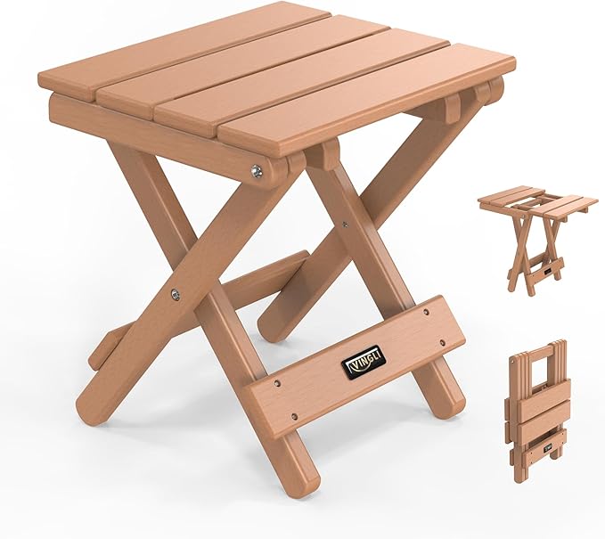 VINGLI Small HDPE Folding Side Table, Plastic Waterproof Portable Adirondack Coffee End Tables, All Weather for Patio, Backyard, Pool, Indoor Use, Slats Style, Teak