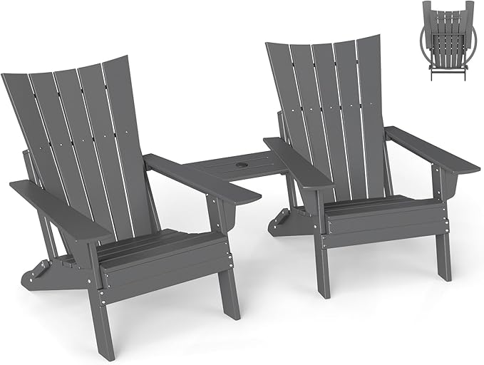 GREENVINES Folding-Adirondack-Chairs-Set-of-2 | HDPE Plastic | Arch Series | Fire Pit Chair | with Connecting Tray | Removable Table | All Weather | for Outdoor Patio Deck Poolside | Grey